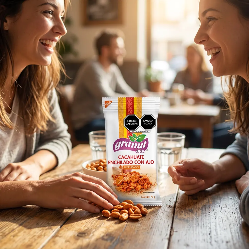 Dos amigos felices compartiendo cacahuates enchilados, ambiente casual y alegre, conversando y disfrutando juntos, bolsa de producto visible y nítida, estilo fotográfico realista de alta calidad, luz natural cálid.webp