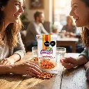 Dos amigos felices compartiendo cacahuates enchilados, ambiente casual y alegre, conversando y disfrutando juntos, bolsa de producto visible y nítida, estilo fotográfico realista de alta calidad, luz natural cálid.webp