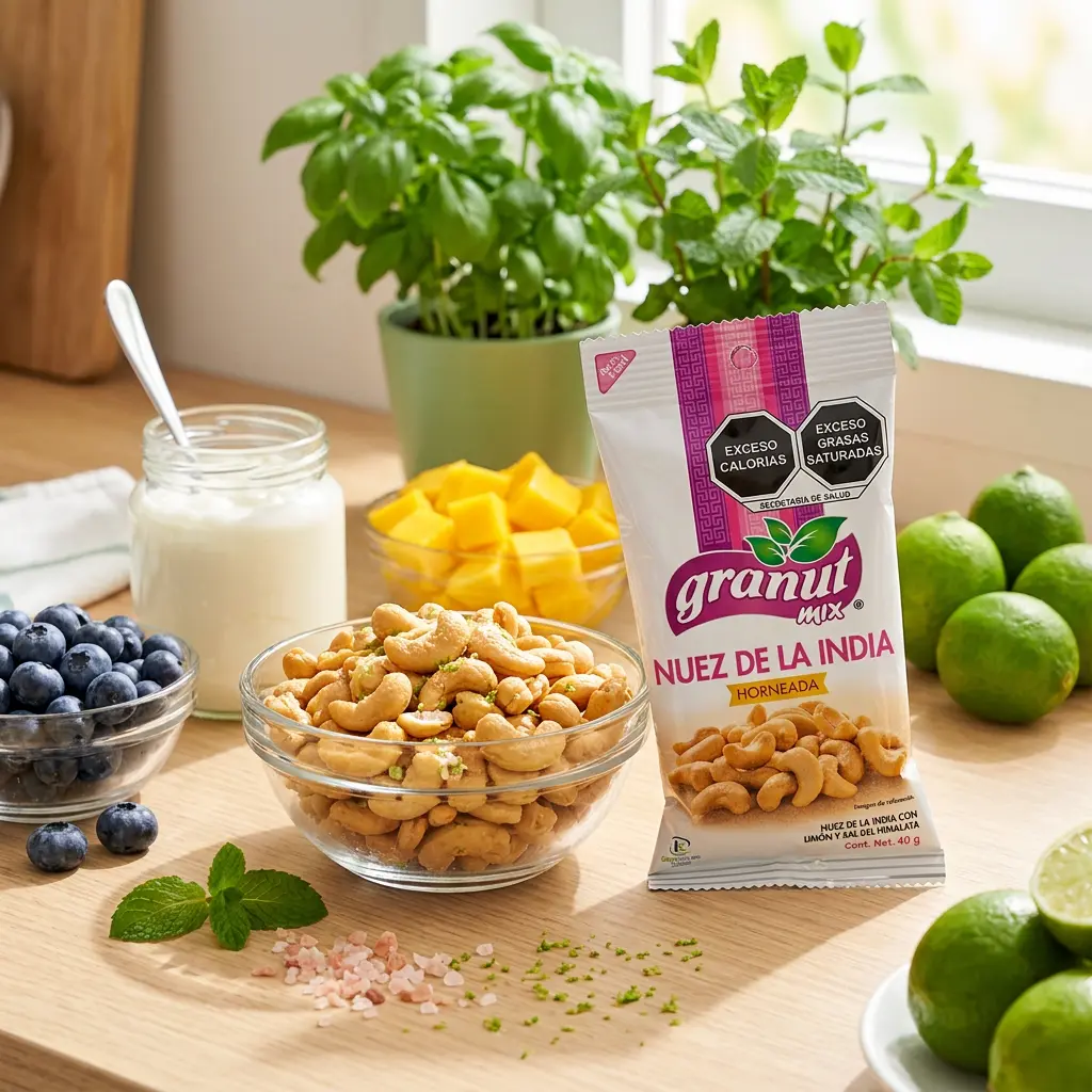 Escena culinaria en cocina moderna y luminosa con luz natural abundante. Platillo principal_ bowl de cristal con nuez de la India horneada dorada y crujiente. Alrededor_ ingredientes frescos como frutas, yogur nat.webp